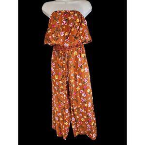 Urban Rebel Orange Creped Floral Strapless Wide Leg Tube Top Jumpsuit Size S